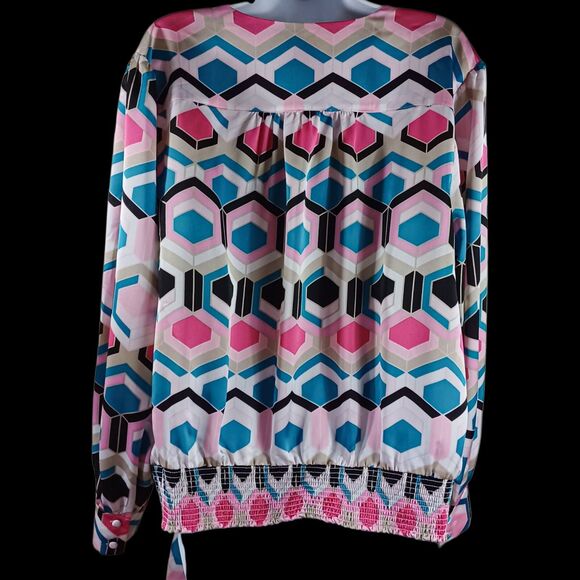 NWT INC Sz XL Geometric Wrap Blouse | Hexagon Print Tie Waist Mod Pop Preppy Top - Picture 7 of 9